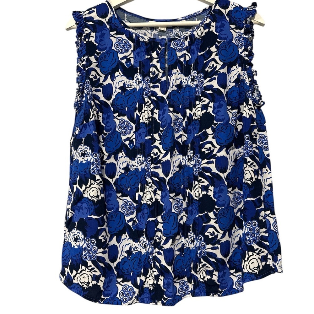 BODEN Ruffle Blue and White Floral Sleeveless Blouse